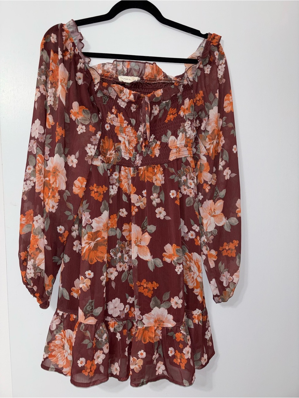 Boho Floral Long-Sleeve Sundress - Burgundy & Orange Floral